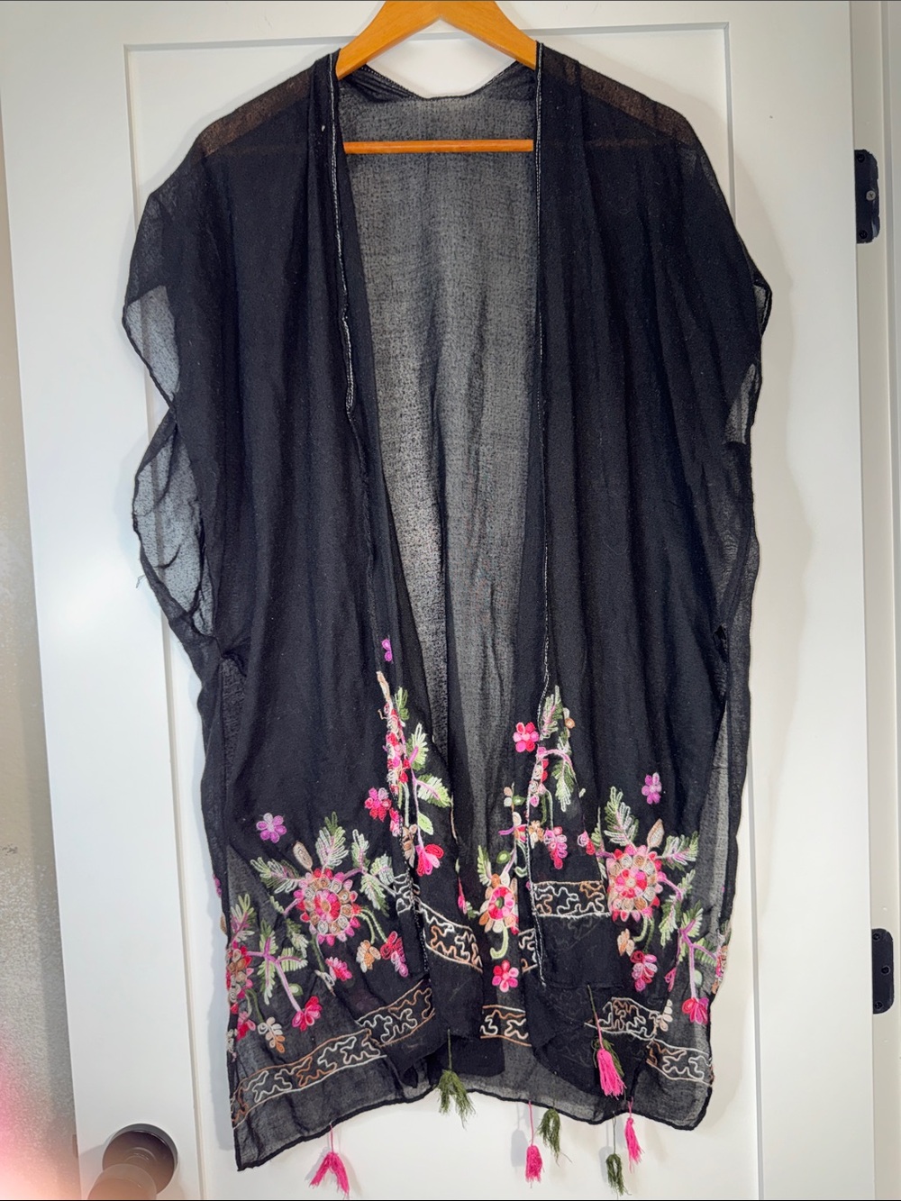 Black Sheer Embroidered Kimono Cover-Up  Pink Floral Detail indie boho witchy